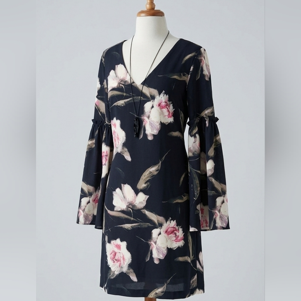 White House Black Market black and pink floral bell-sleeve shift dress
